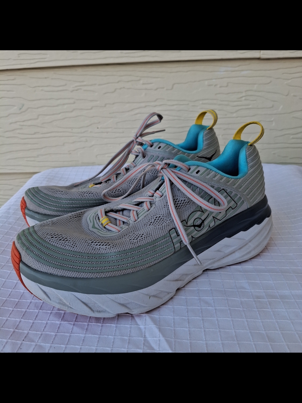 Hoka Women's Gray Mesh Running Shoes with Teal Lining and Yellow Size 10